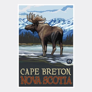 Cape Breton, Nova Scotia Canada Moose In Stream Giclee Art Print Poster from Travel Artwork by Artist Paul A. Lanquist
