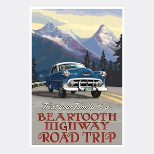 May include: Vintage travel poster featuring a blue car driving on a winding road through a mountain pass. The poster reads "Treat your family to a... Beartooth Highway Road Trip".