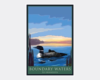 May include: A vintage-style poster featuring a loon swimming in a lake with a sunset in the background. The poster has the text "Boundary Waters Ely Minnesota" at the bottom.