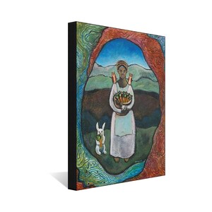May include: A painting of a woman with a white head covering holding a basket of carrots. She is wearing a white dress and a blue apron. A white rabbit with a carrot in its mouth stands beside her. The painting is set against a green and blue background.