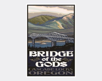 Bridge Of The Gods Cascade Locks Oregon Columbia River Gorge Giclee Art Print Poster from Travel Artwork by Artist Paul A. Lanquist