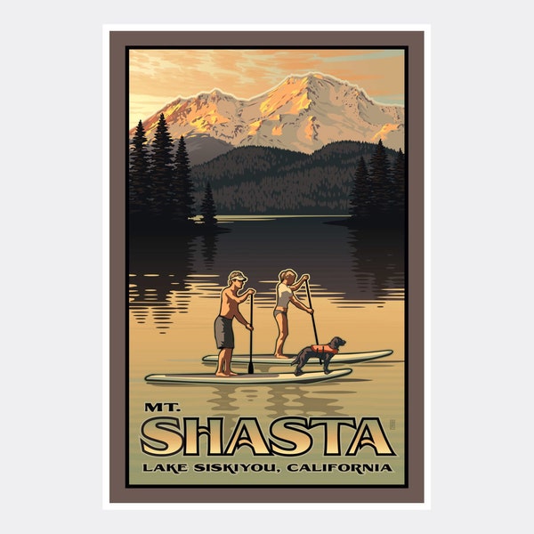 Mt. Shasta Paddleboard Giclée Art Print: Pacific Northwest Travel Poster