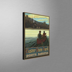 Custer State Park South Dakota Lake Canoers Hills Stretch Canvas, Pillow, Blanket from Travel Artwork by Artist Paul A. Lanquist