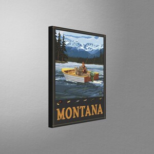 Montana Fisherman In Boat Stretch Canvas, Pillow, Blanket from Travel Artwork by Artist Paul A. Lanquist