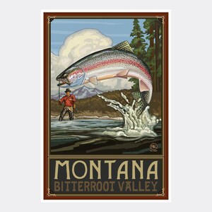 May include: A vintage travel poster featuring a rainbow trout leaping out of the water. The poster has a brown border and the text "MONTANA BITTERROOT VALLEY" in gold lettering.