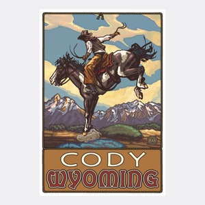 Cody Wyoming Bucking Horse Cowboy Giclee Art Print Poster from Travel Artwork by Artist Paul A. Lanquist