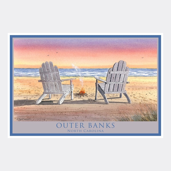 Outer Banks Adirondack Chairs Beach Giclee Art Print Poster from Watercolor by Artist Dave Bartholet