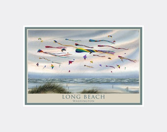 Long Beach Washington Flying Kites Giclee Art Print Poster from Watercolor by Artist Dave Bartholet