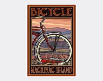 May include: Vintage style poster with a red bicycle in the foreground. The bicycle has a white tire and a brown handlebar. The background is a sunset with a mountain range in the distance. The text "BICYCLE" is at the top of the poster and "MACKINAC ISLAND" is at the bottom.
