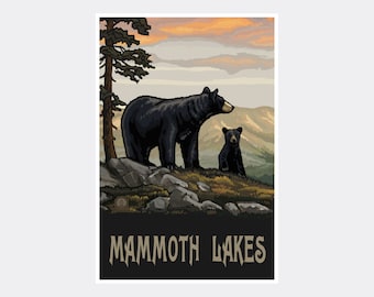 May include: A vintage-style travel poster featuring a black bear and a cub standing on a rocky mountaintop. The sky is a vibrant orange and pink sunset. The text "MAMMOTH LAKES" is at the bottom of the poster.