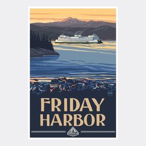 Friday Harbor Ferry San Juan Island Washington Giclee Art Print Poster from Travel Artwork by Artist Paul A. Lanquist
