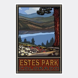 Estes Park Colorado Lake Trails Big Hills Giclee Art Print Poster from Travel Artwork by Artist Paul A. Lanquist