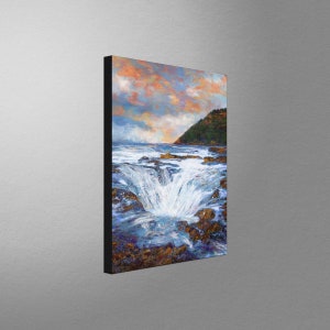May include: A painting of a dramatic seascape with a large wave crashing into a rocky shore. The sky is a mix of pink, orange, and blue, and the water is a deep blue with white foam.