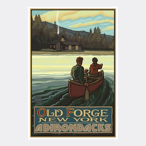 Old Forge New York Adirondacks Lake Canoers Hills Giclee Art Print Poster from Travel Artwork by Artist Paul A. Lanquist