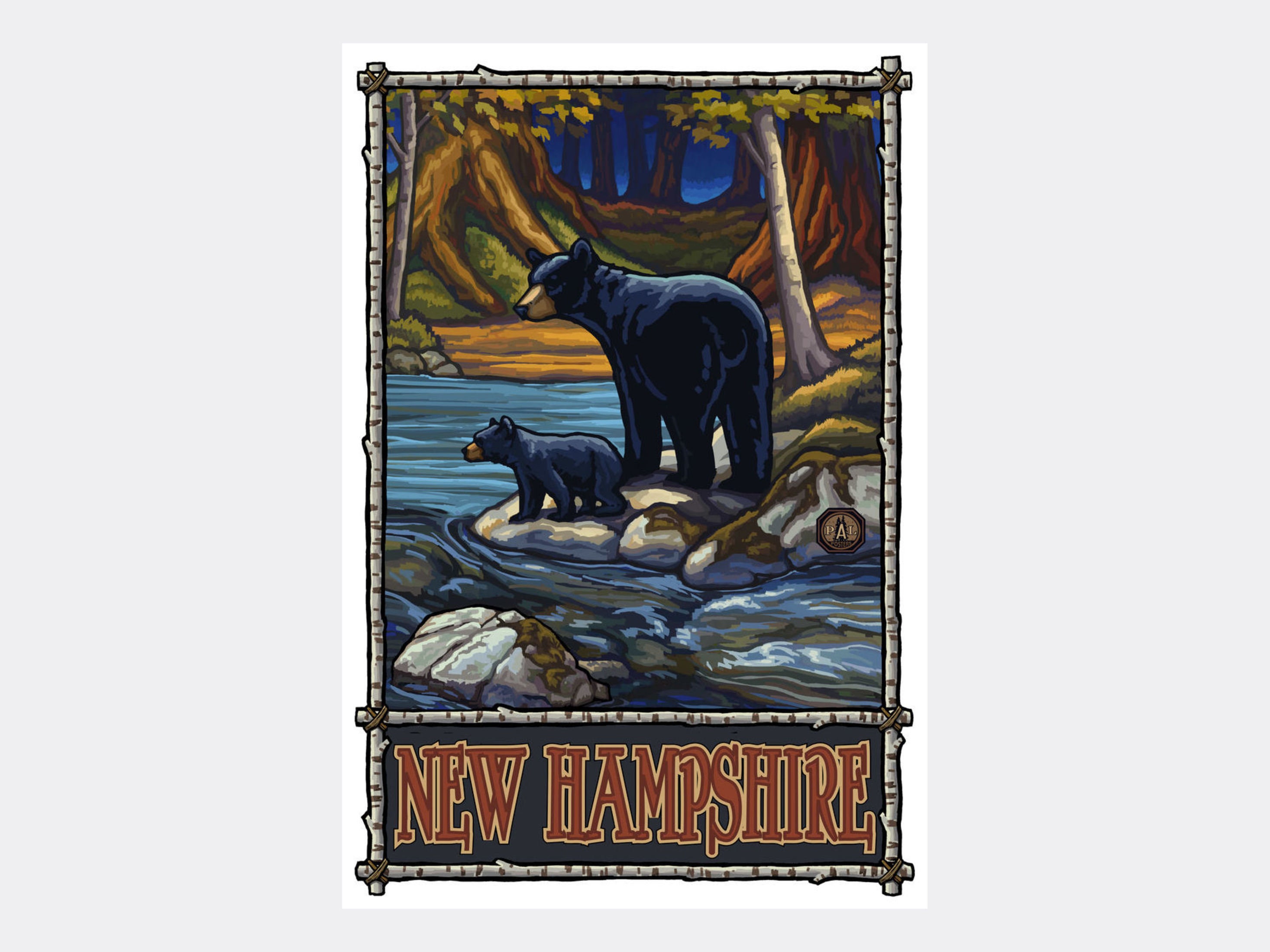 New Hampshire Bears In Stream Giclee Art Print Poster from Travel Artwork by Artist Paul A. Lanquist