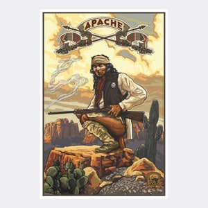 May include: A vintage-style poster featuring a Native American man in traditional clothing holding a rifle, with the word "APACHE" in bold letters at the top. The poster has a desert landscape background with cacti and a cloudy sky.