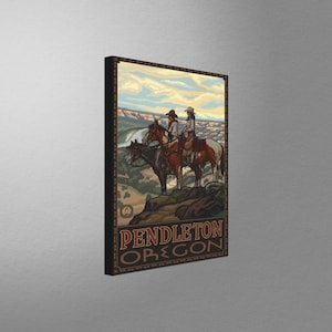 May include: Vintage travel poster featuring two people on horseback overlooking a river valley. The poster is titled "Pendleton Oregon" in a brown and white font.