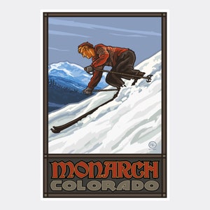 Monarch Colorado Downhill Skier Man Giclee Art Print Poster from Travel Artwork by Artist Paul A. Lanquist