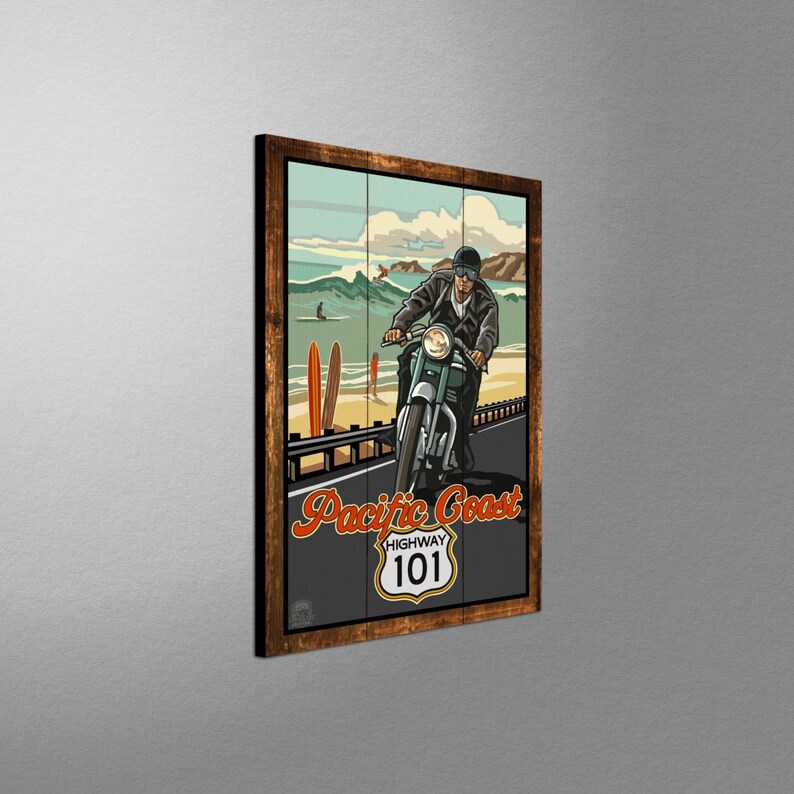Pacific Coast Highway Motorcycle Rider Giclee Art Print Poster from Original Travel Artwork by Artist Paul A Lanquist