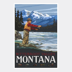 May include: A vintage travel poster featuring a man fly fishing in a river with snow-capped mountains in the background. The text on the poster reads "Bitterroot Valley Montana".