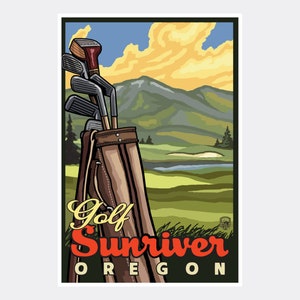 May include: A vintage-style poster advertising golf in Sunriver, Oregon. The poster features a brown leather golf bag with clubs sticking out, set against a backdrop of a green golf course with a mountain range in the distance. The sky is a bright blue with yellow clouds.