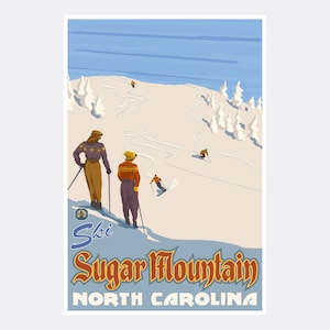 May include: Vintage-style poster featuring skiers on a snowy mountain slope. The poster has a retro design with the words "Ski Sugar Mountain North Carolina" in a stylized font. The color palette includes blues, browns, and whites.