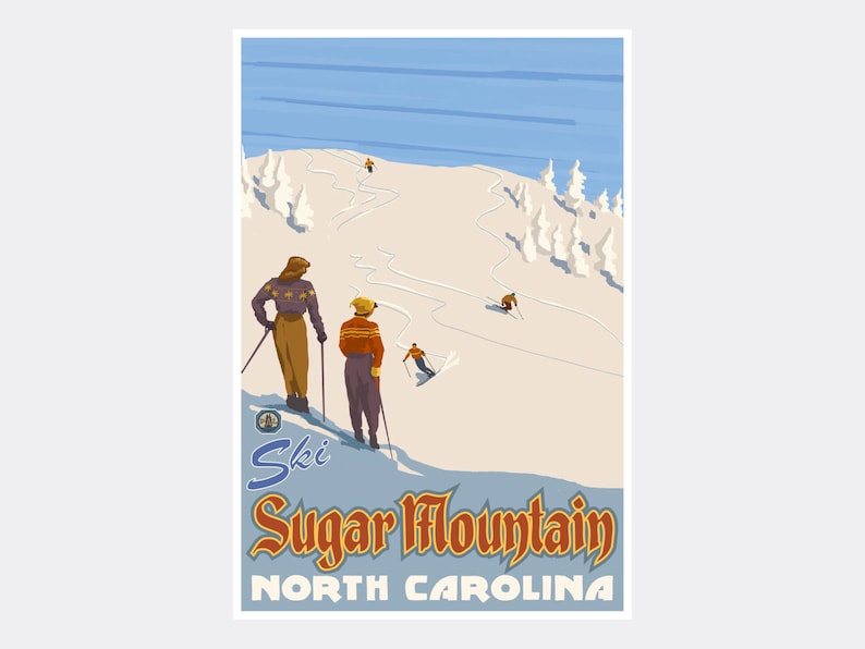 May include: Vintage-style poster featuring skiers on a snowy mountain slope. The poster has a retro design with the words "Ski Sugar Mountain North Carolina" in a stylized font. The color palette includes blues, browns, and whites.