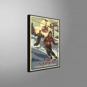 Downhill Skier Pair Aspen Colorado Stretch Canvas, Pillow, Blanket from Travel Artwork by Artist Paul A. Lanquist