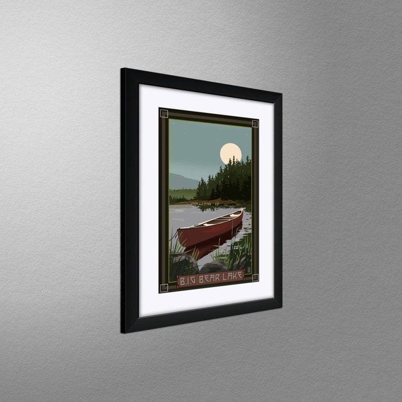 Big Bear Lake California Canoe In Moonlight Giclee Art Print Poster from Original Artwork by Artist Mike Rangner