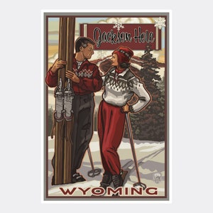 Jackson Hole Wyoming Classic Skiers Giclee Art Print Poster from Travel Artwork by Artist Paul A. Lanquist