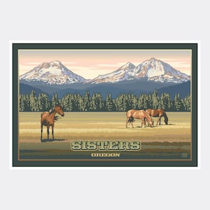 Sisters Oregon Mountains Giclee Art Print Poster from Travel Artwork by Artist Paul Leighton