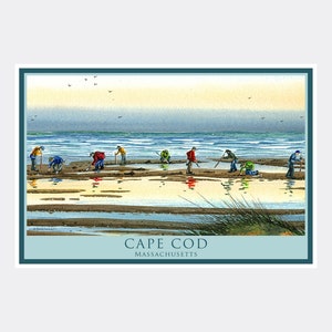 May include: A watercolor painting of people digging for clams on a beach in Cape Cod, Massachusetts. The sky is a light blue with a few clouds. The water is a light blue and the sand is a light brown. The people are wearing various colors of clothing. The painting is framed in a light blue frame.