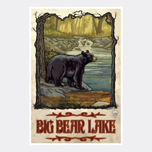 Big Bear Lake California Bear with Creek Giclee Art Print Poster from Travel Artwork by Artist Paul A. Lanquist