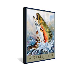 May include: A watercolor painting of a grayling fish jumping out of the water. The fish is brown, orange, and white with black spots. The water is blue and white with splashes. The text "AUSABLE RIVER GRAYLING" is at the bottom of the painting.