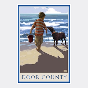Door County Boy & Dog Beach East Giclee Art Print Poster from Alla Prima Painting by Artist Joanne Kollman