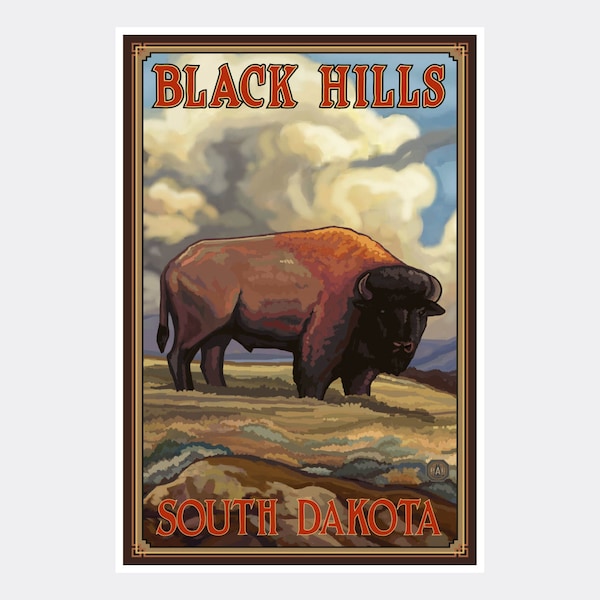 Black Hills South Dakota Buffalo Side Giclee Art Print Poster from Travel Artwork by Artist Paul A. Lanquist