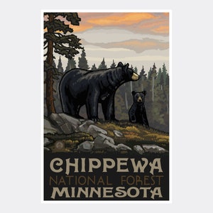 Chippewa National Forest Minnesota Black Bear Giclee Art Print Poster from Travel Artwork by Artist Paul A. Lanquist