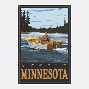 Minnesota Fisherman In Boat with Dog Giclee Art Print Poster from Travel Artwork by Artist Paul A. Lanquist