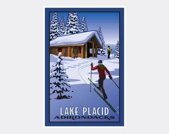 Lake Placid New York Cross Country Skiers & Cabin Giclee Art Print Poster from Travel Artwork by Artist Paul Leighton