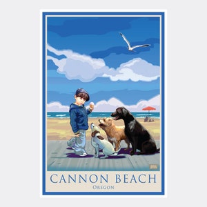 Cannon Beach Oregon Doggie Snack Attack Giclee Art Print Poster from Alla Prima Painting by Artist Joanne Kollman