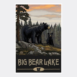 Big Bear Lake California Black Bear Family Forest Giclee Art Print Poster from Travel Artwork by Artist Paul A. Lanquist