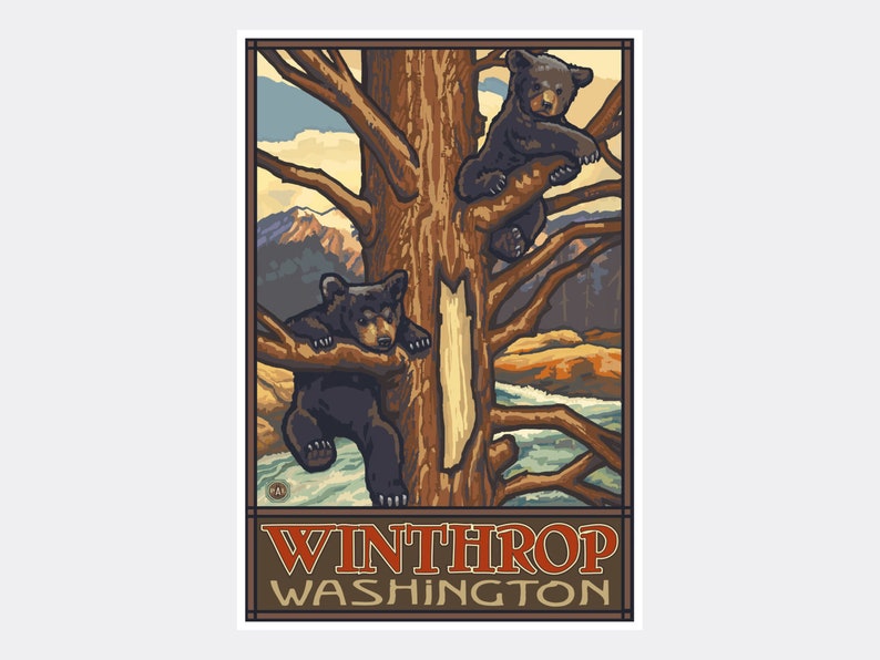 Winthrop Washington Two Black Bears Giclee Art Print Poster from Original Travel Artwork by Artist Paul A Lanquist