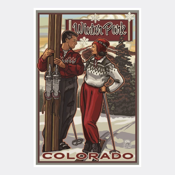 Winter Park Colorado Classic Skiers Giclee Art Print Poster from Travel Artwork by Artist Paul A. Lanquist