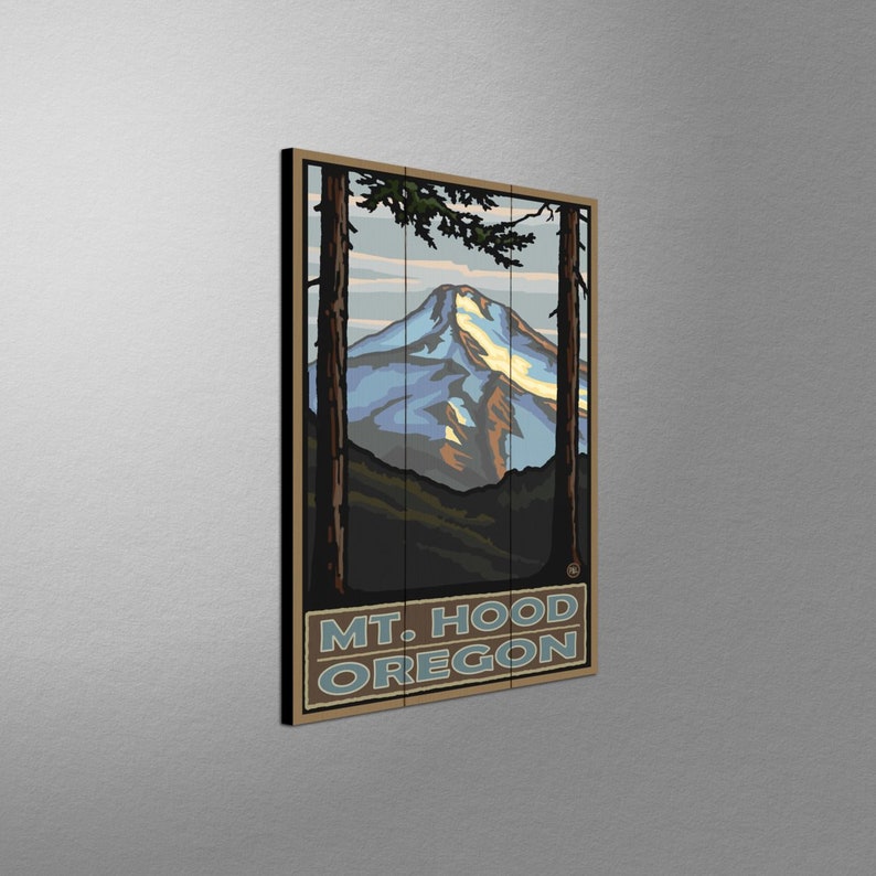May include: A vintage-style illustration of Mount Hood, Oregon, with a snowy peak and green trees framing the mountain. The text "MT. HOOD OREGON" is printed below the mountain.