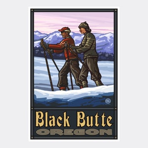May include: Vintage travel poster featuring two people cross-country skiing in a snowy mountain landscape. The poster is titled "Black Butte Oregon".