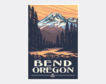 Bend Oregon Mountain Sunset Giclee Art Print Poster from Travel Artwork by Artist Paul A. Lanquist