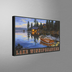Lake Winnipesaukee Cabin Stretch Canvas, Pillow, Blanket from Watercolor by Outdoor and Wildlife Artist Darrell Bush