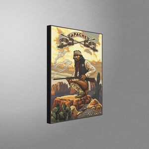 May include: A vintage-style illustration of an Apache warrior holding a rifle, with a sunset background and the word "APACHE" in bold letters at the top.