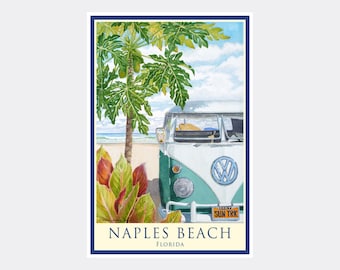 Naples Beach Florida Sun Truck Hula Giclee Art Print Poster from Watercolor by Artist Evelyn Jenkins Drew
