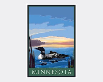 May include: A vintage travel poster featuring a loon swimming in a lake with a sunset in the background. The poster has the word "MINNESOTA" printed in green at the bottom.
